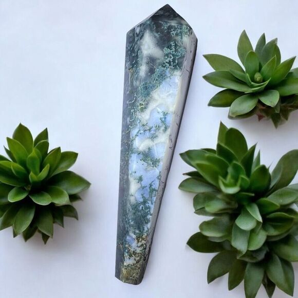 Moss Agate Crystal‎ Meditation Wand (#2) - Picture 1 of 14